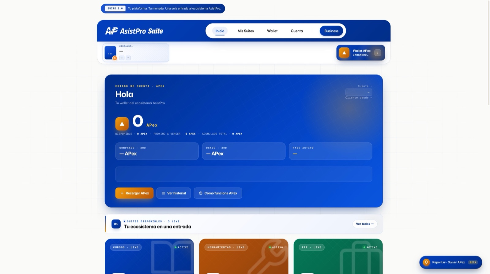 Suite hub /pro · Wallet APex y suites