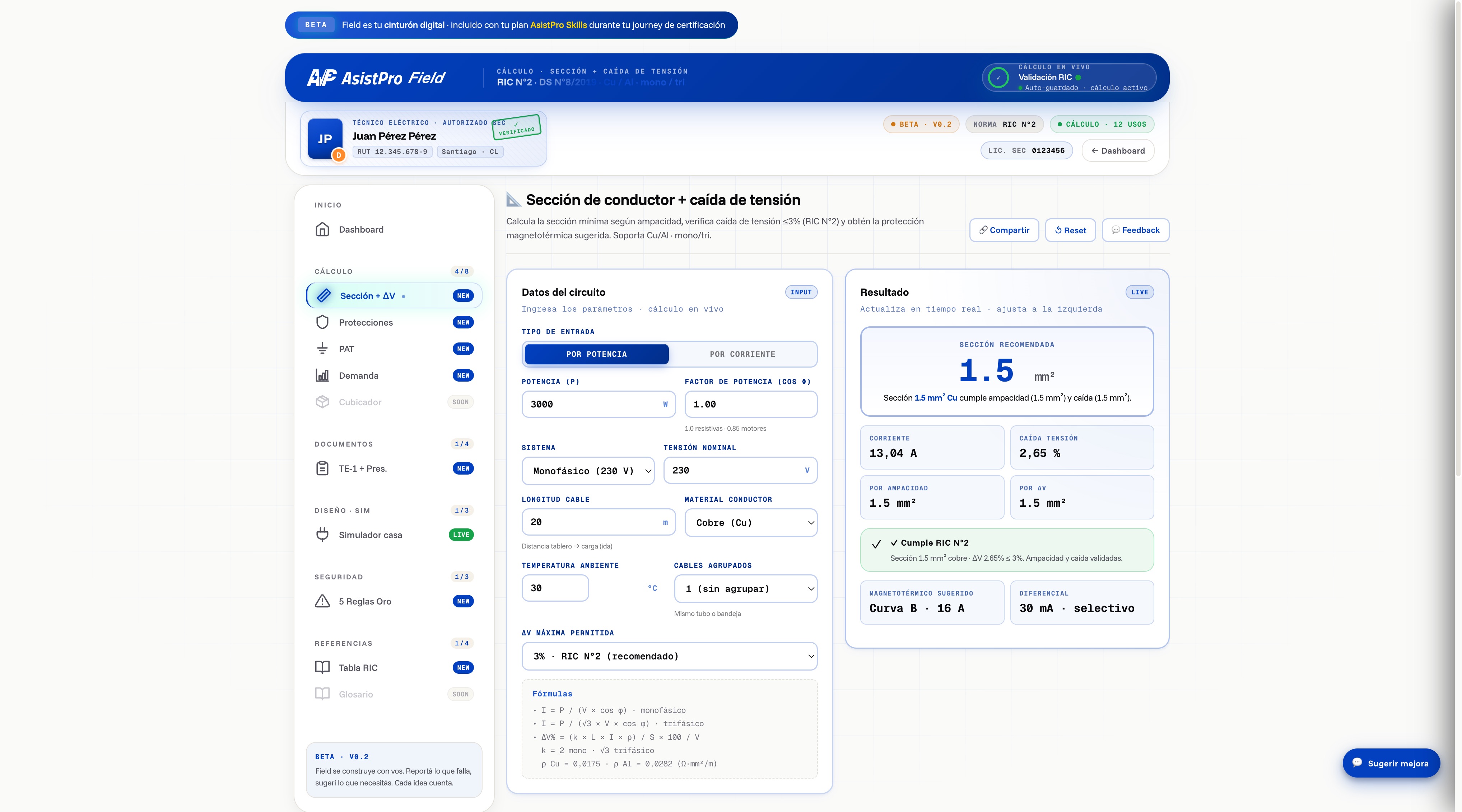 Field — Calculadora Sección + ΔV